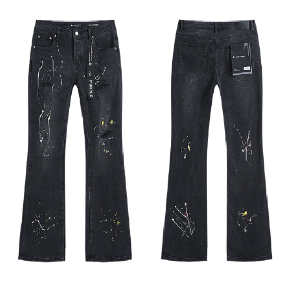 Black Flared Denim Jeans with Multicolor Paint Splatter and Knee Distressing